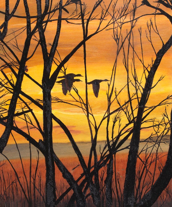"Mallards in Flight" #2 of 3, (middle) a Museum Quality Wrapped Giclee Print of an original oil painting by Thomas E, McMillin