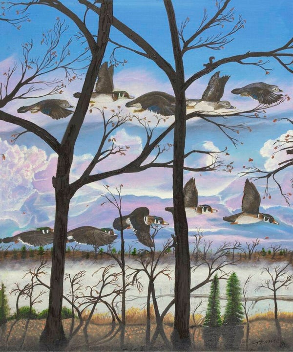 "Wood Ducks in Flight" Giclee Print of an Original Oil on Canvas by Thomas E. McMillin