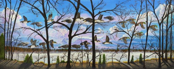 "Wood Duck in Flight" a Panos Museum Quality Wrapped Prints, on stretched canvas, of the original Triptych oil Paintings by Thomas E. McMillin.
