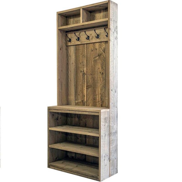 Steigerhouten kapstokkast met bovenvak (7 zwarte haken)