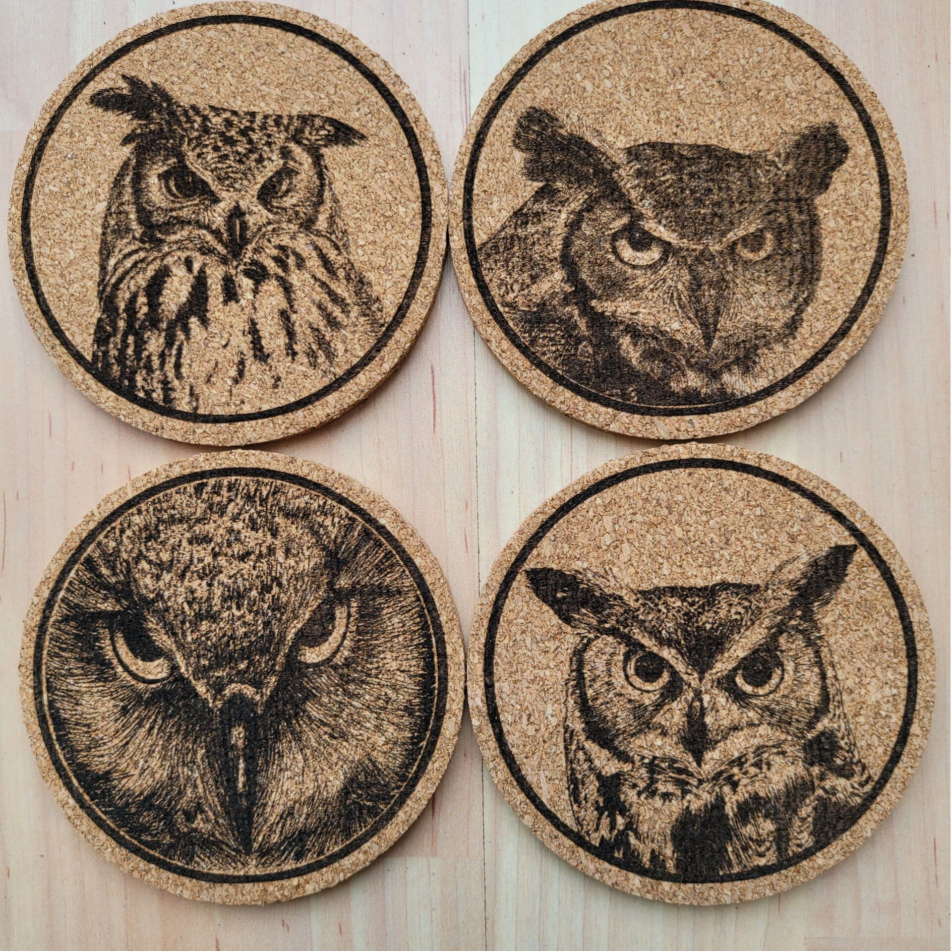 Set of 4 Cork coaster laser engraved designs