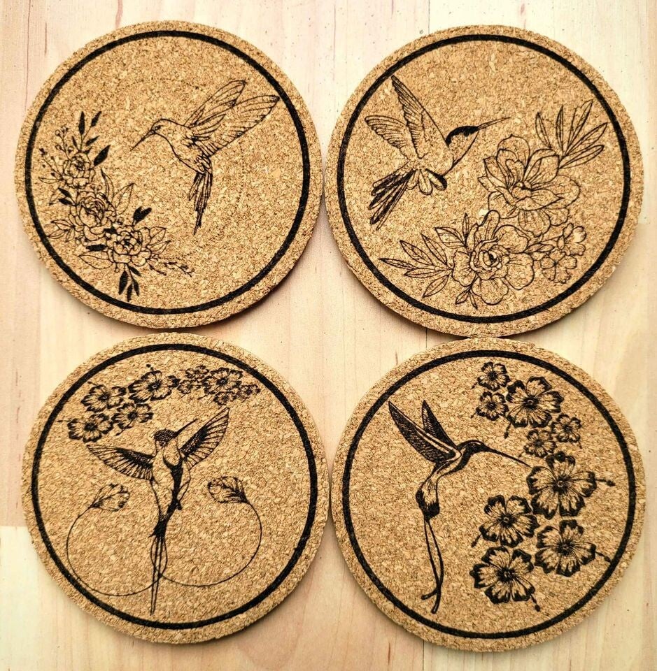 Set of 4 Cork coaster laser engraved designs
