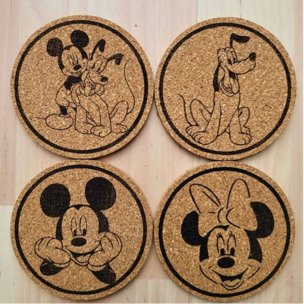 Set of 4 Cork coaster laser engraved designs