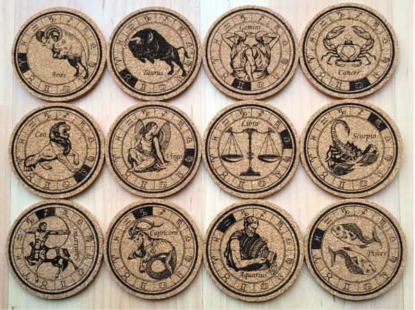 Set of 12 Cork coaster laser engraved designs