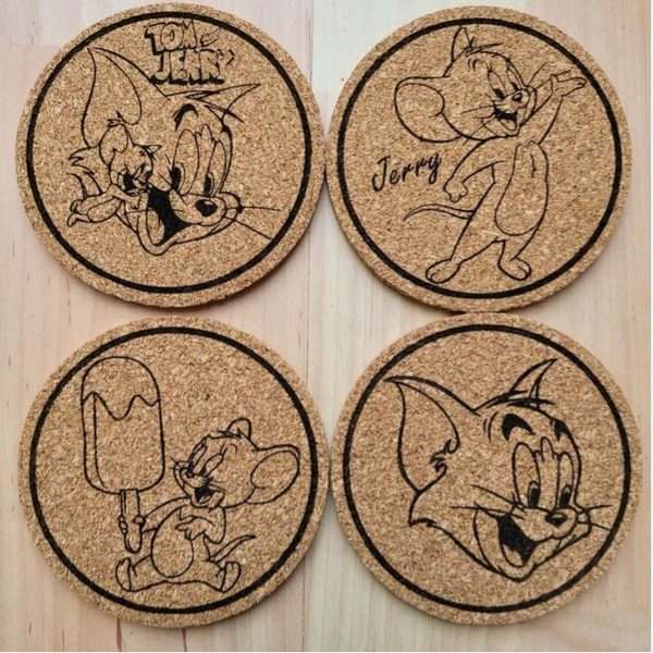 Set of 4 Cork coaster laser engraved designs