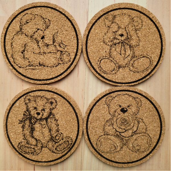 Set of 4 Cork coaster laser engraved designs