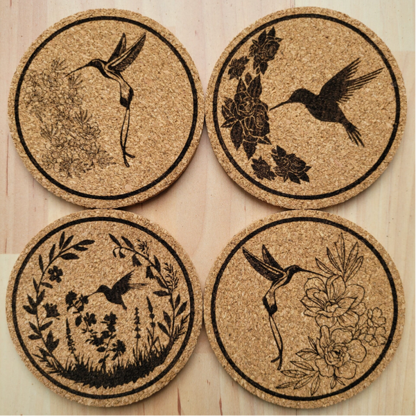 Set of 4 Cork coaster laser engraved designs