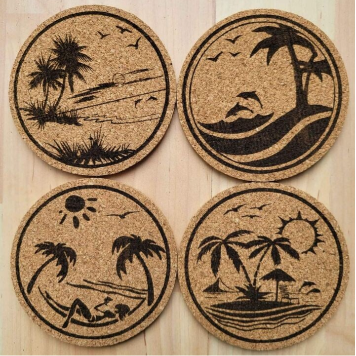 Set of 4 Cork coaster laser engraved designs