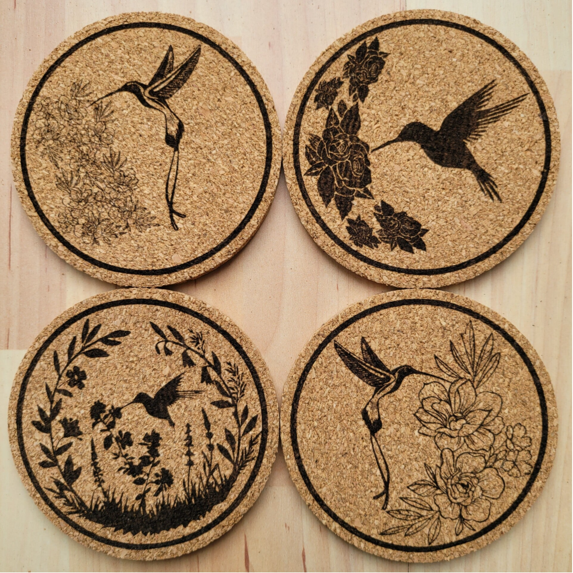 Set of 4 Cork coaster laser engraved designs