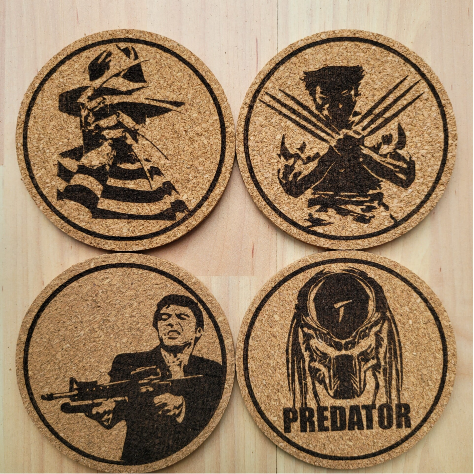 Set of 4 Cork coaster laser engraved designs