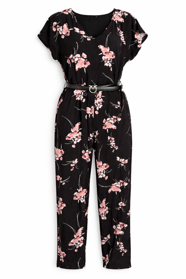 Kombinezon damski w kwiaty | elegancki czarny | pasek w talii 38