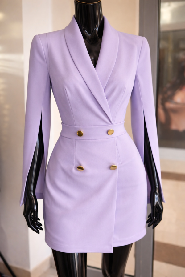 💜 Elegancka sukienka typu marynarka z rozciętymi rękawami – liliowa / lawendowa 💜