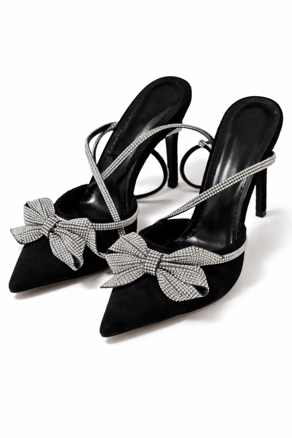 Czarne szpilki z kryształową kokardą