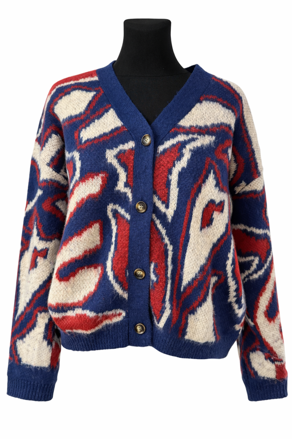 Kardigan w abstrakcyjny wzór – granat / czerwień / ecru