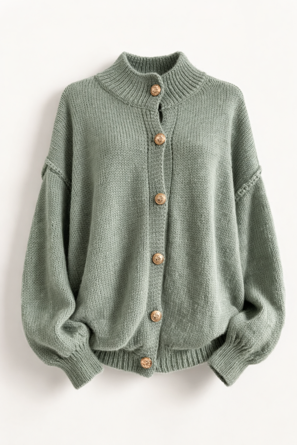 Miętowy kardigan z ozdobnymi złotymi guzikami