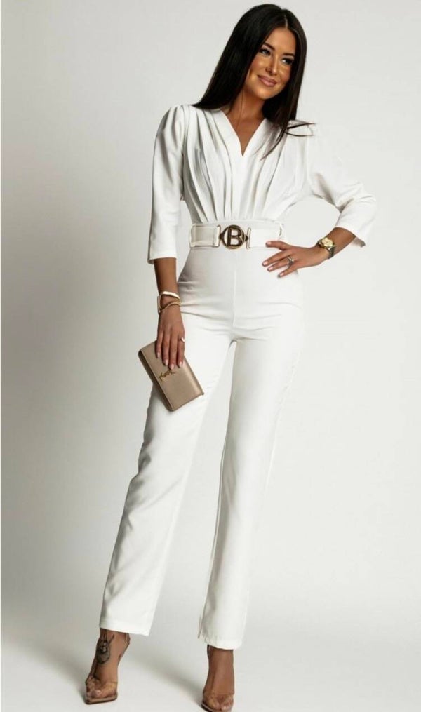 BIAŁY ELEGANCKI WIZYTOWY KLASYCZNY DŁUGI KOMBINEZON Z PASKIEM WŁOSKI