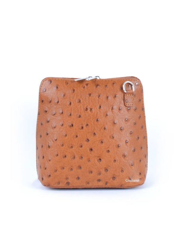 Dames Schoudertas Leer Struisvogel Print Cognac