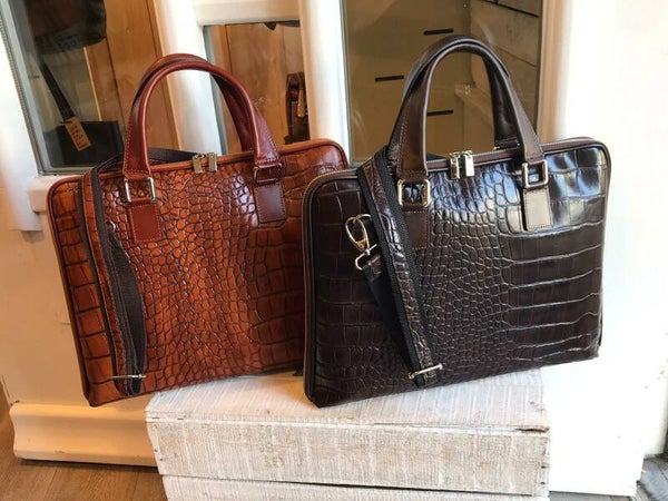 Handtas A4 Leer met Croco Print Cognac en Donkerbruin