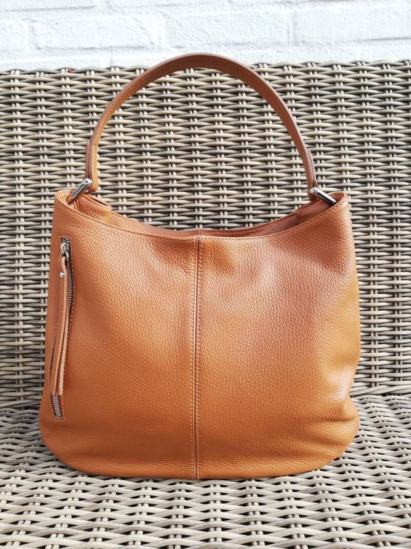 Leren schoudertas met een Zilveren Ritssluiting Cognac