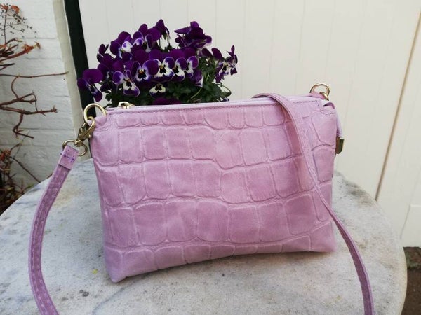 Leren Crossbodytas Croco Print Veel Vakken Lila