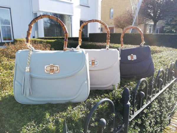 SALE Leren Handtas met Bamboe Handvat Diverse Kleuren