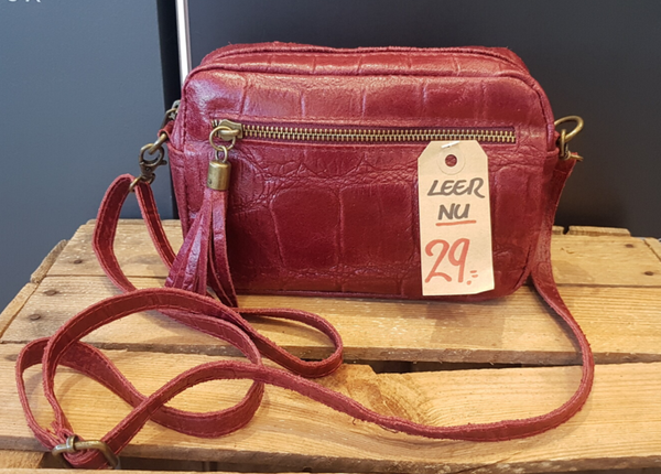 Leren Schoudertas Croco met Kwastje Bordeaux Rood