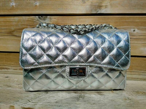 Leren Schoudertas doorgestikte Ruit Patroon Large Zilver