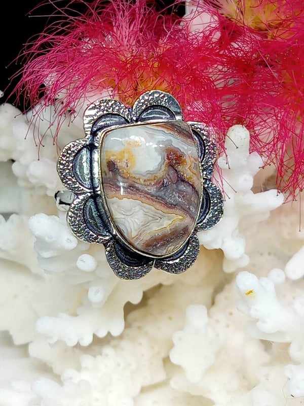Bague texturée en argent sterling Silver 925 et son sublime Agate Dentelle laguna du Mexique