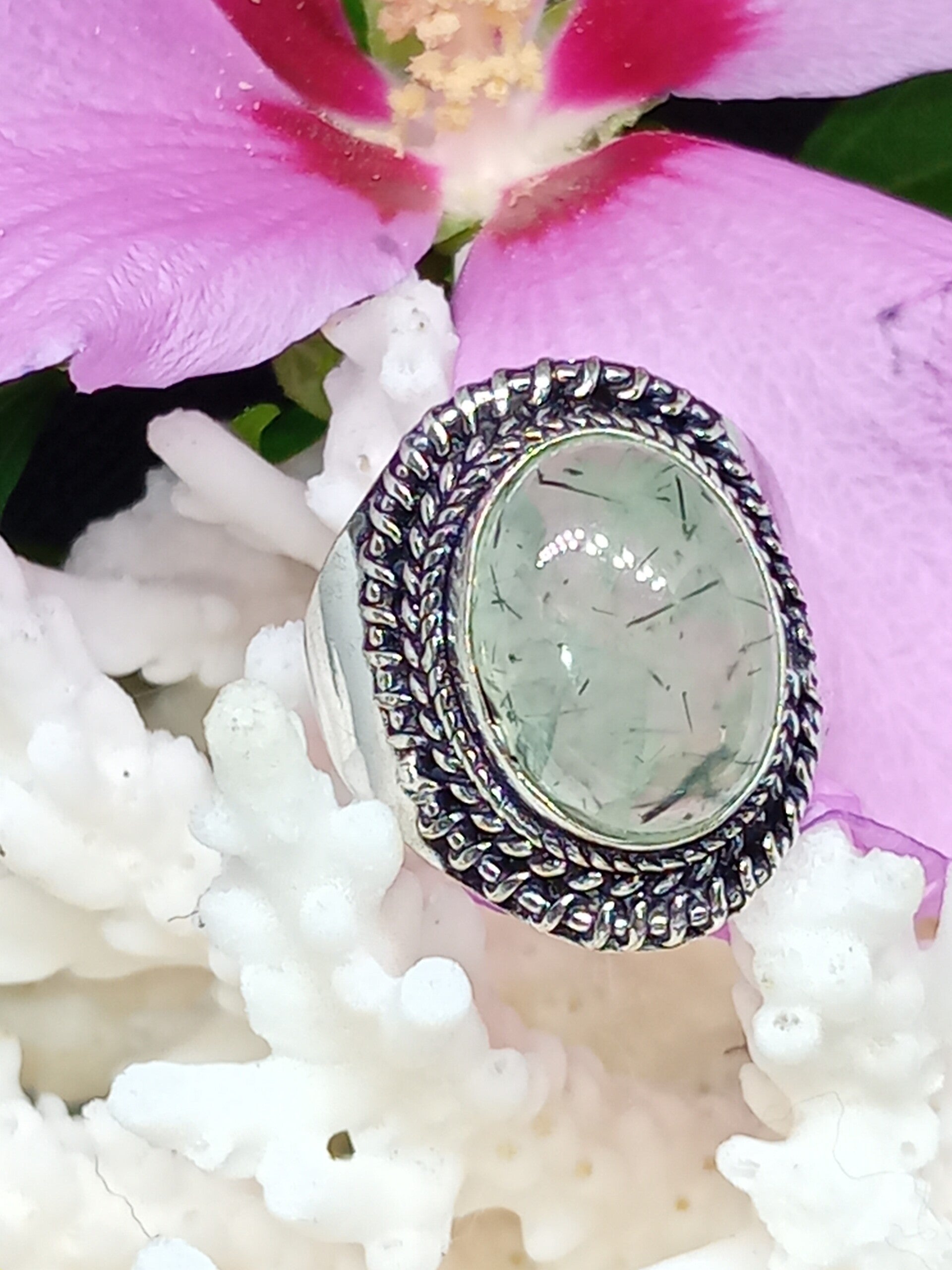 Bague chevalière mixte en argent sterling Silver 925 et pierre Préhnite mousse sertie