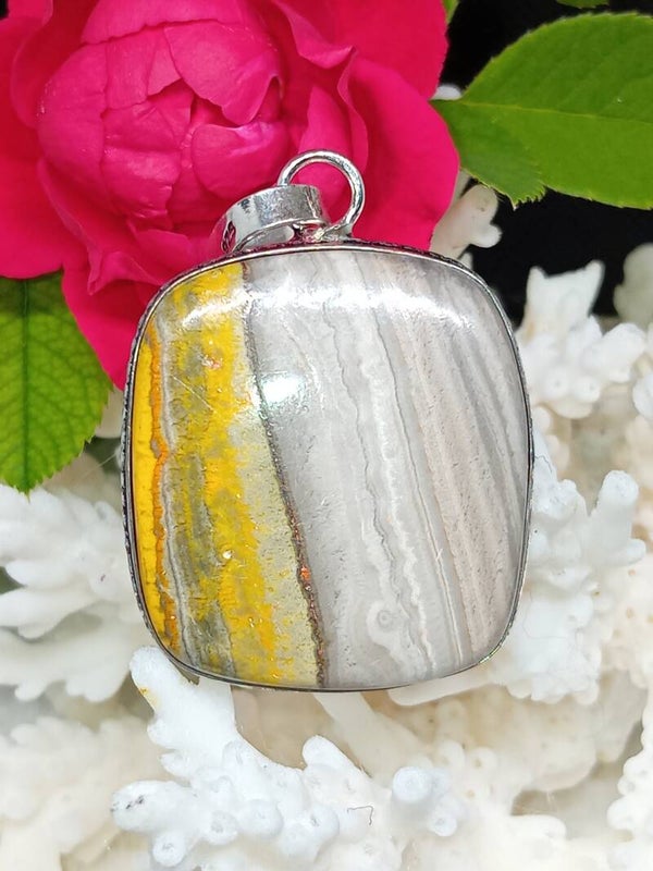 Sublime pendentif en argent sterling et pierre Jaspe Bumble Bee Naturel Sertie