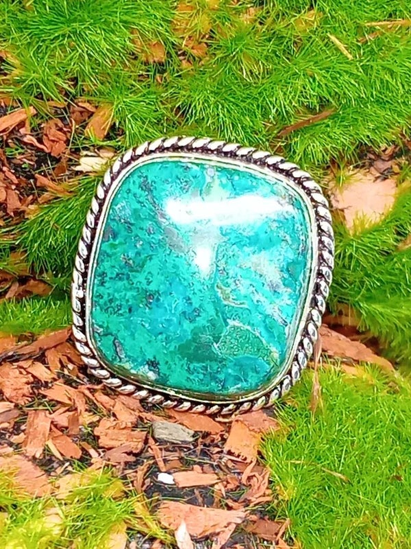 Bague texturée en argent sterling Silver 925 et pierre Chrysocolle