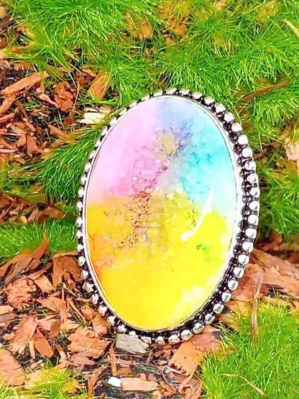 Bague texturée en argent sterling Silver 925 et pierre Druzy arc en ciel
