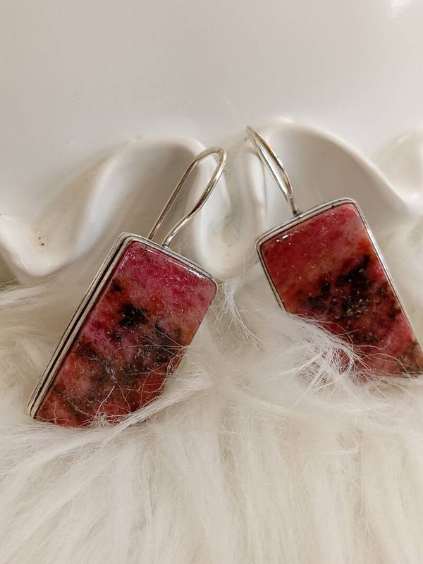 Boucles d’oreilles Rhodonite sertie argent sterling 925