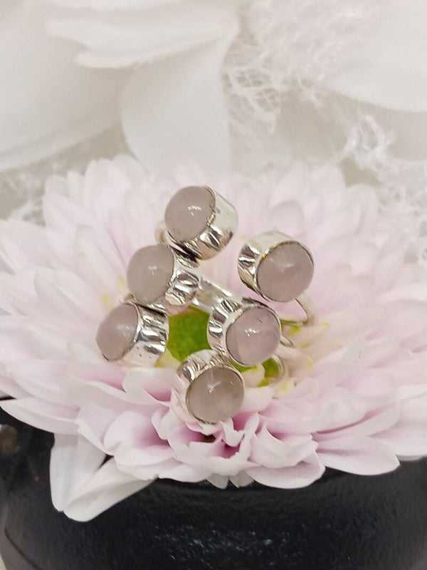 Bague ajustable Quartz rose- 6 pierres serties - Argent Sterling 925 - Ajustable