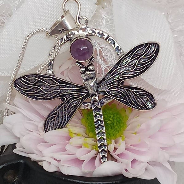 Pendentif Libellule texturée Améthyste en argent sterling 925