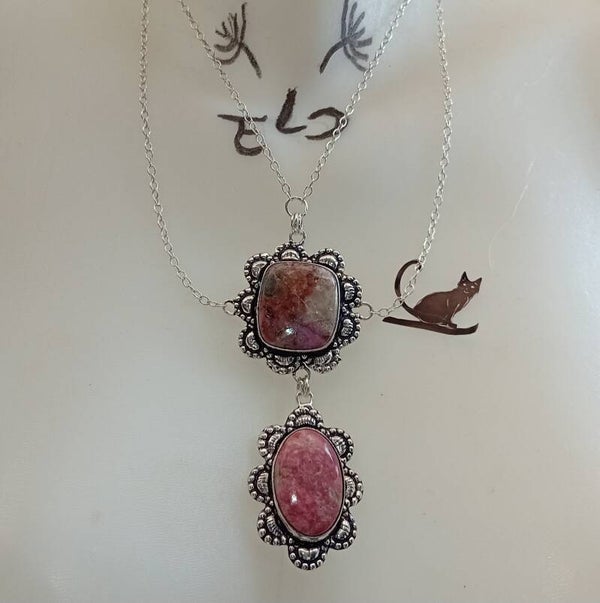 Collier texturé chaînes pierre Cobalt Calcite sertie x2 argent sterling 925