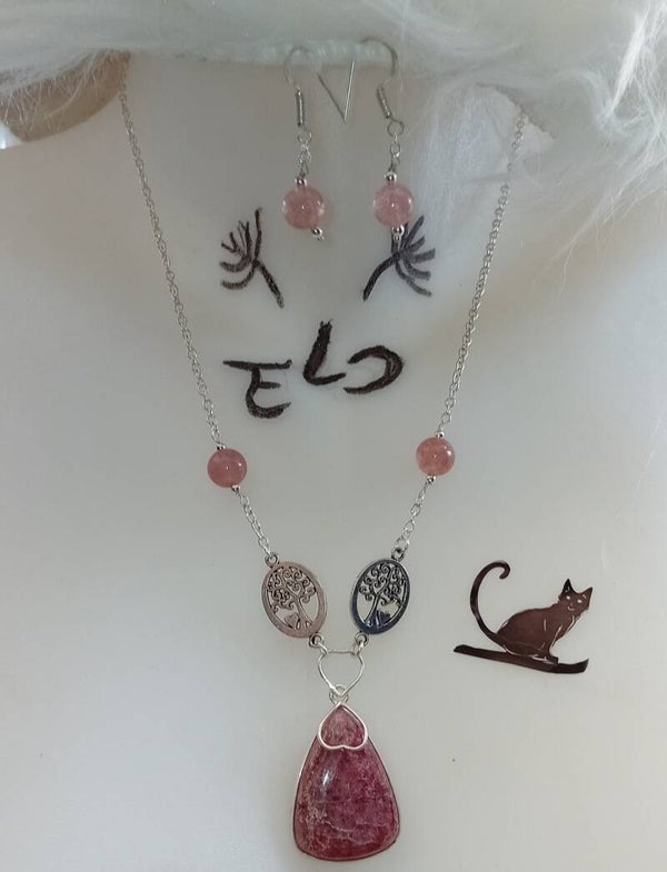 Parure de Thulite rose arbre de vie cœur en argent sterling 925