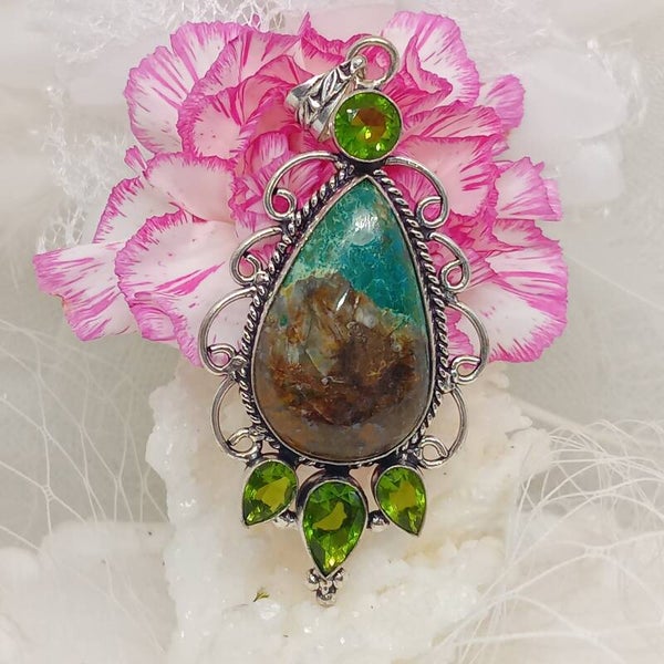 Pendentif Shattuckite et Péridot - Argent Sterling 925