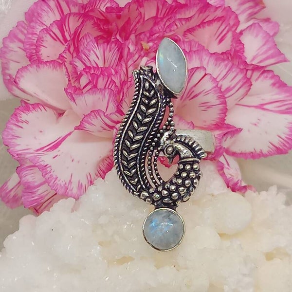 Bague texturée Paon Pierre de lune arc-en-ciel  - Argent Sterling - Taille 56