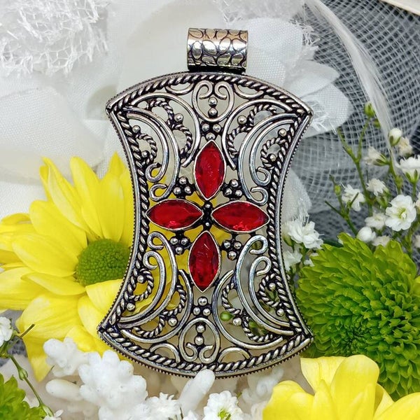 Pendentif Médiéval Grenat rouge serti à facettes - Argent Sterling 925