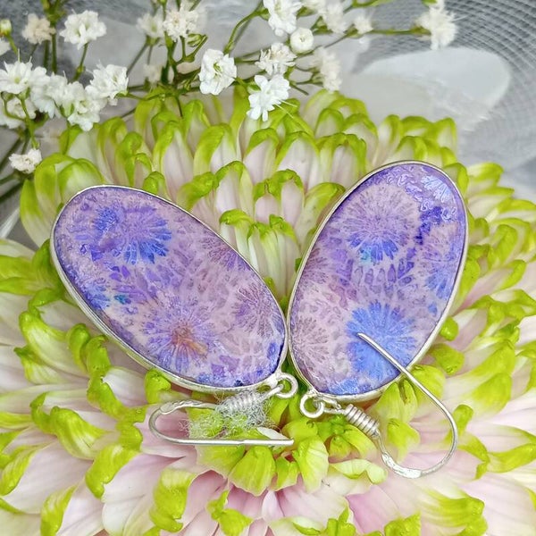 Boucles d’oreilles pendantes Fossile Corail naturel Argent Sterling 925