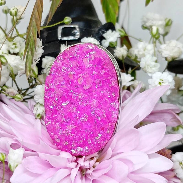 Bague Druzy Titanium rose en relief - argent sterling - Taille 60