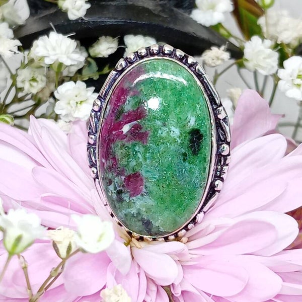 Bague texturée Rubis Zoïsite naturel serti - Argent Sterling  - Taille 56