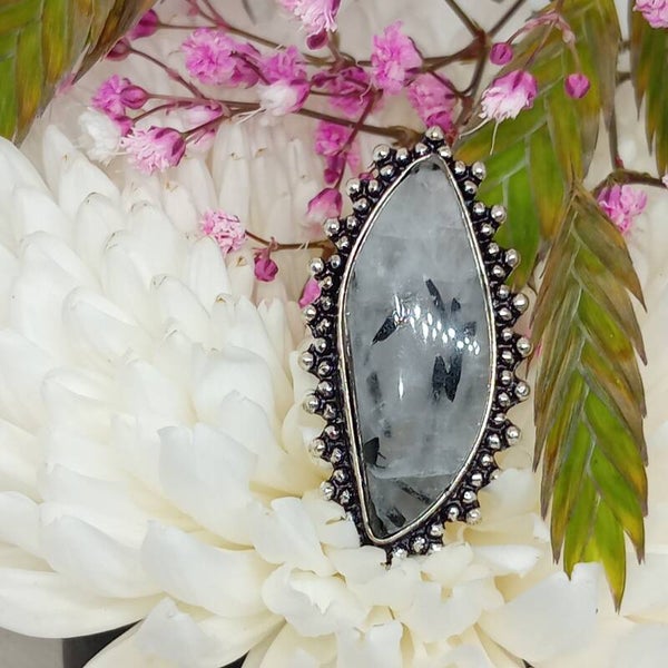 Bague texturée Black Rutil naturel serti - Argent sterling 925 - Taille 55