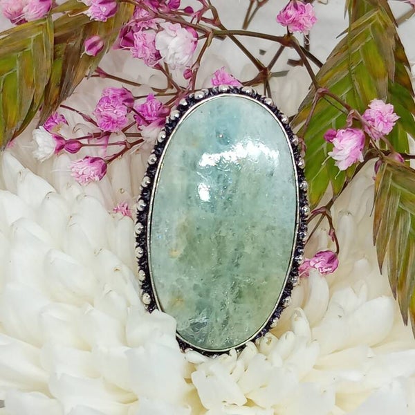 Bague texturée Aigue-marine naturelle sertie - Argent Sterling 925 - Taille 66
