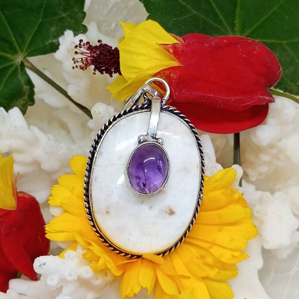 Sublime pendentif athypique Scolécite et Améthyste naturelle sertie - Argent Sterling 925