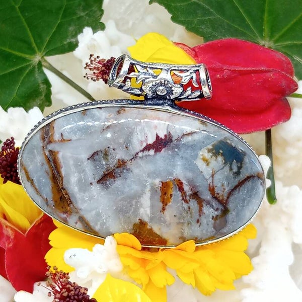 Somptueux pendentif Jaspe Maligano naturel serti - Argent sterling 925