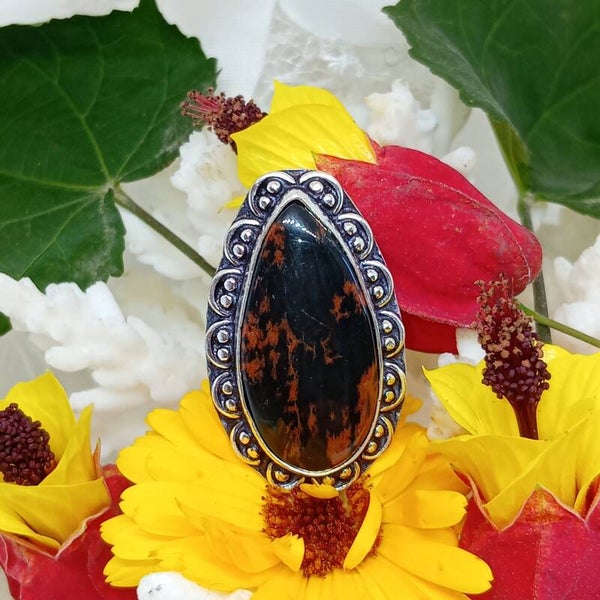 Bague texturée Obsidienne Mahogany naturelle sertie - Argent Sterling 925 - Taille 57