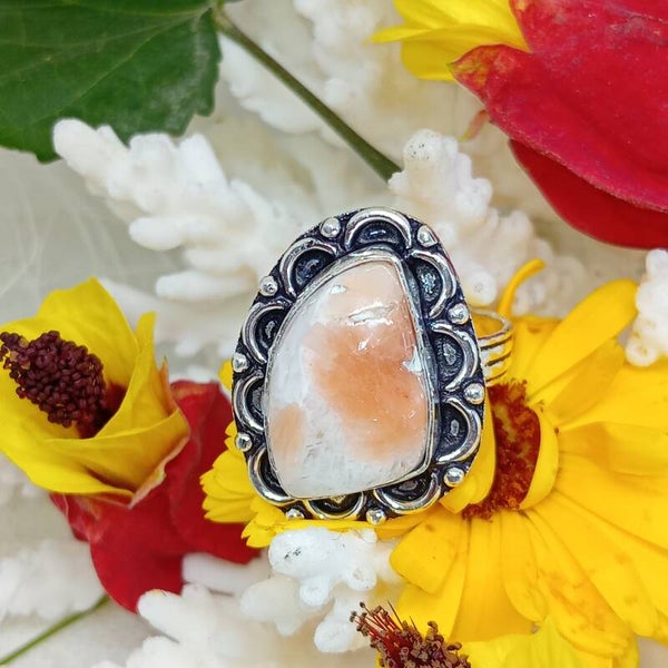 Bague texturée Scolécite naturelle sertie - Argent Sterling 925 - Taille 60