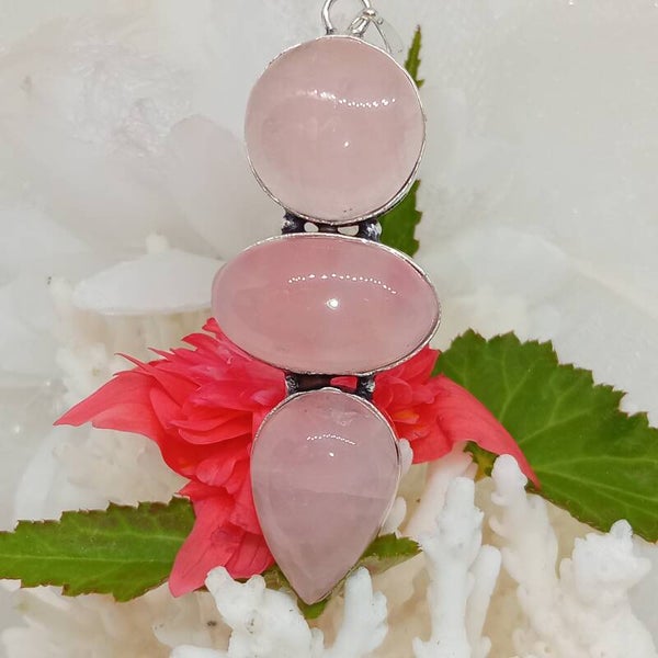 Pendentif de 3 pierres en Quartz rose naturelle sertie - Argent Sterling
